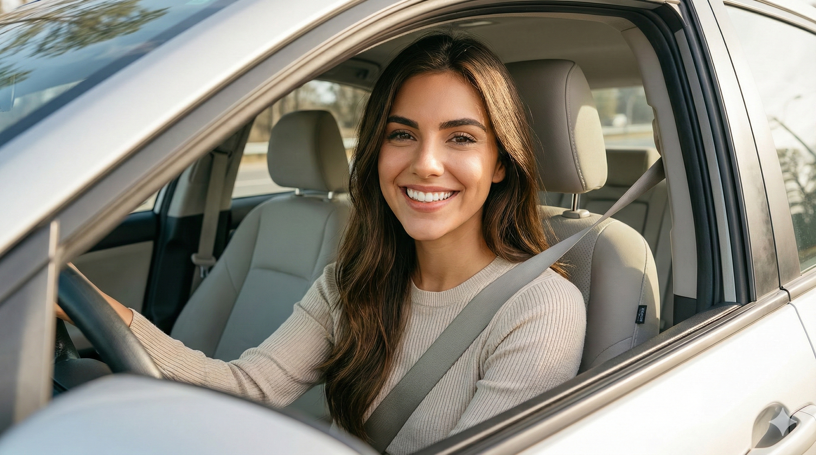 Happy driver in her car - Beadr makes buying used cars safe and stress-free